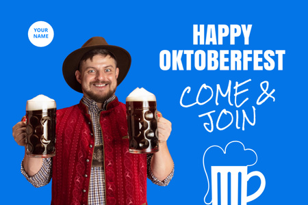 Oktoberfest Celebration Announcement With Cheerful Man Postcard 4x6in Design Template