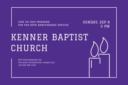 Template di design Annuncio del servizio per l'anniversario della chiesa battista con candele su viola Poster 24x36in Horizontal