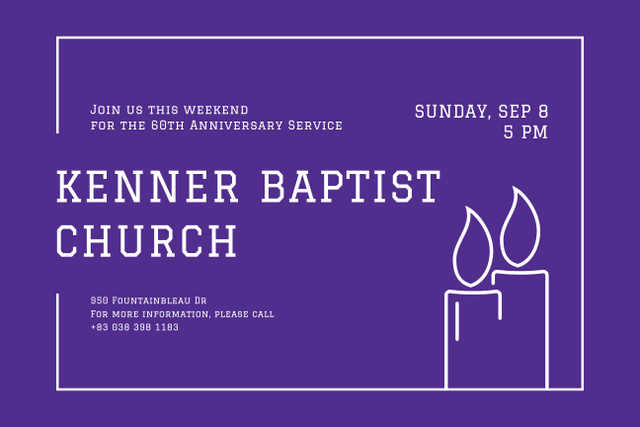 Modèle de visuel Baptist Church Anniversary Service Announcement with Candles on Purple - Poster 24x36in Horizontal