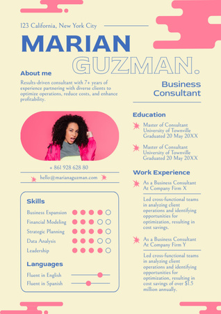 Modèle de visuel Compétences d'un consultant en affaires avec photo d'une femme - Resume