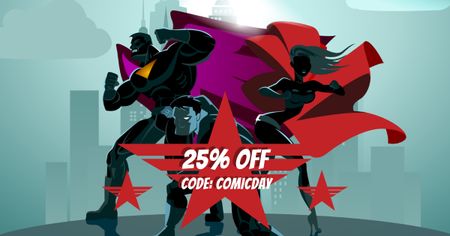 Comic Con Sale Ad with Superheroes Facebook AD Design Template