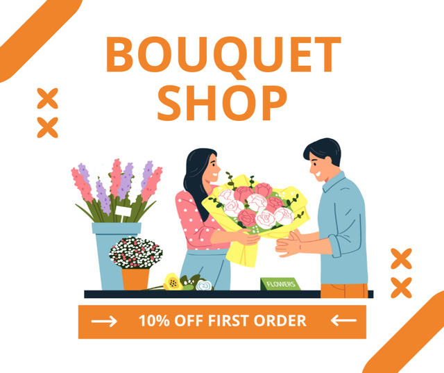 Selling Fresh Bouquets with Discount in  Flower Shop Facebook Design Template