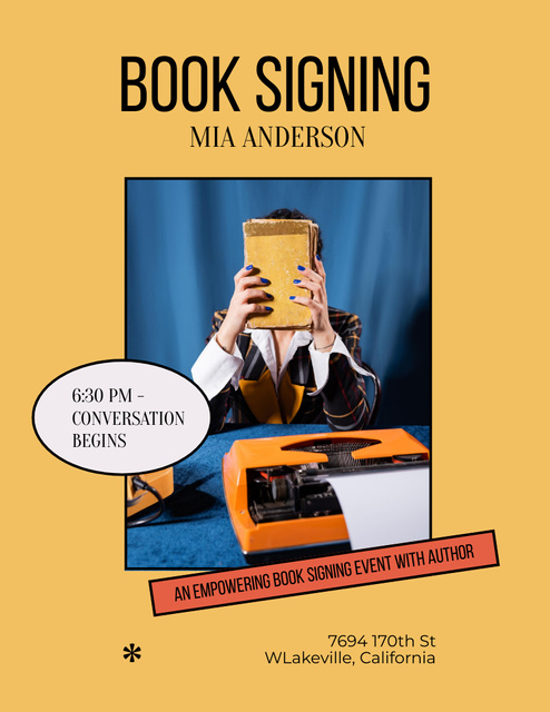 Famous Book Signing Announcement In Yellow Poster 8.5x11in Design Template