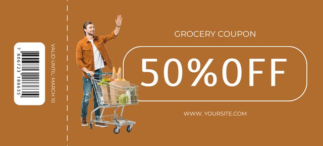 Customer with Groceries in Basket on Brown Coupon 3.75x8.25in Design Template