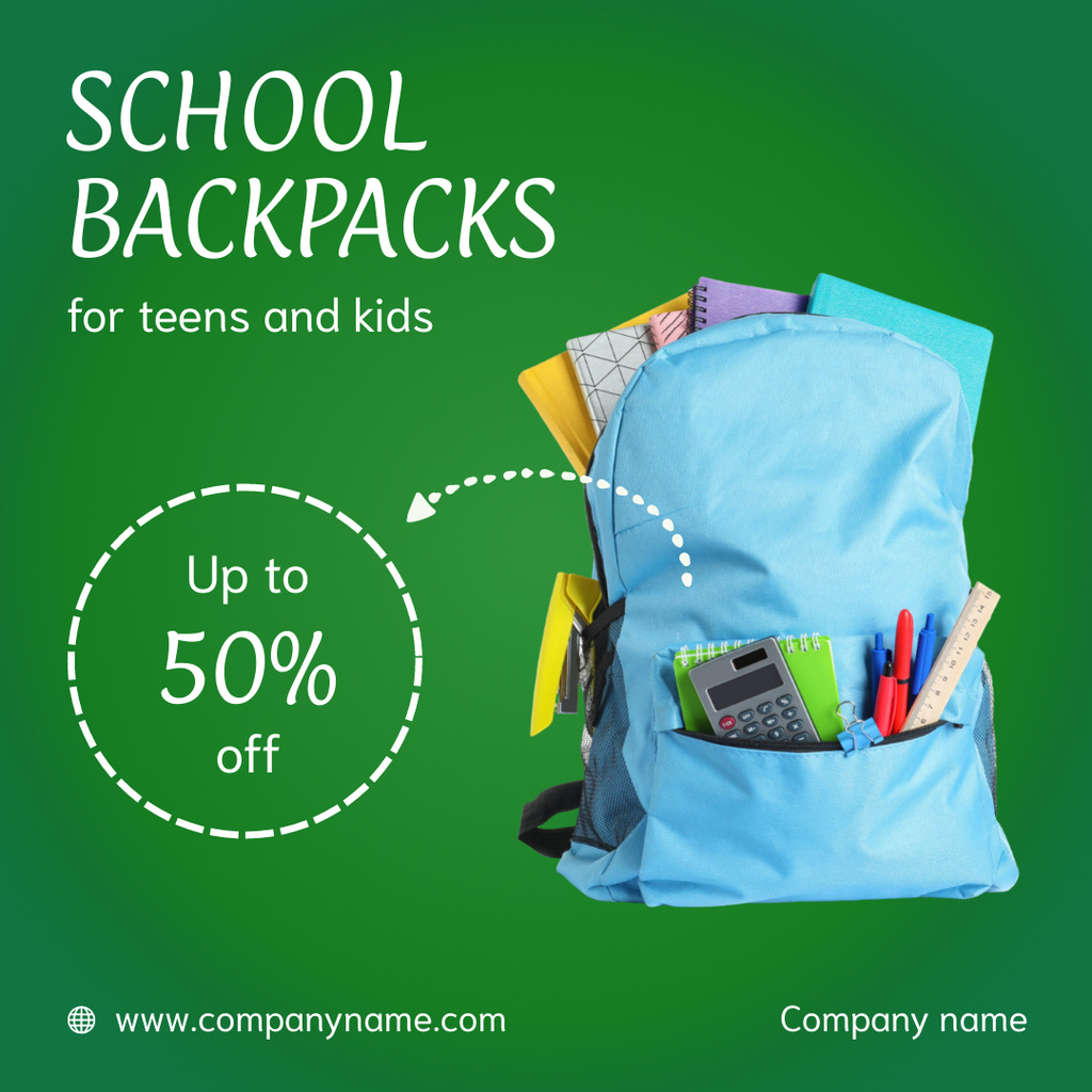 Back to School Offer For Backpacks With Discounts In Green Instagram AD – шаблон для дизайна