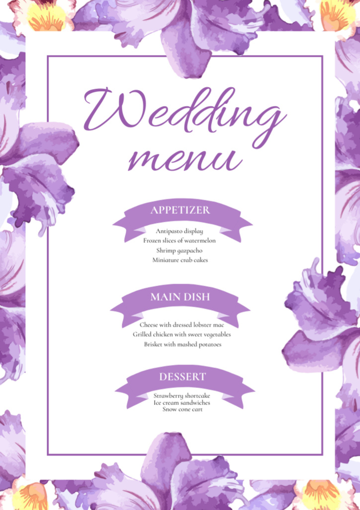 Purple Flowers on List of Wedding Menu Design Template