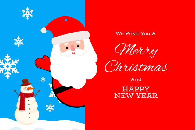 Christmas and New Year Wishes with Santa and Snowman on Red Postcard 4x6in – шаблон для дизайну
