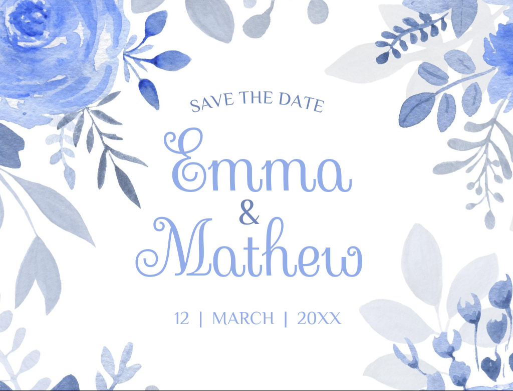 Wedding Celebration Announcement with Blue Flowers Postcard 4.2x5.5in – шаблон для дизайна