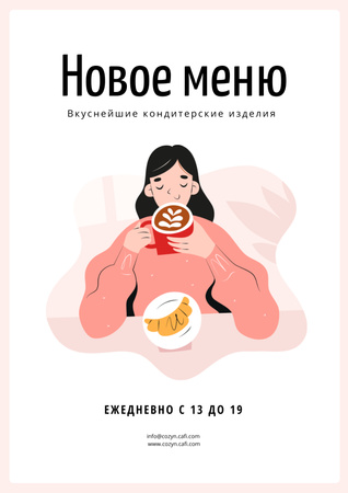 девушка наслаждается кофе и круассаном Poster – шаблон для дизайна