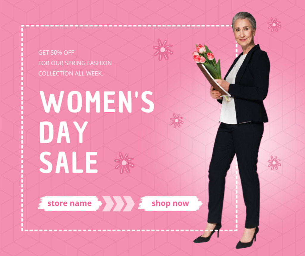 Women's Day Sale Announcement with Woman holding Flowers Facebook Design Template