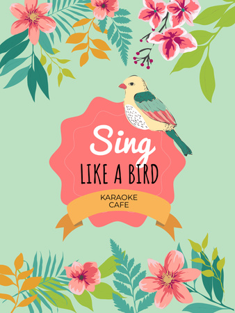 Ontwerpsjabloon van Poster US van Karaoke Cafe-advertentie met illustratie van schattige vogel