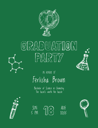 Anúncio da festa de formatura com ícones científicos em verde Invitation 13.9x10.7cm Modelo de Design