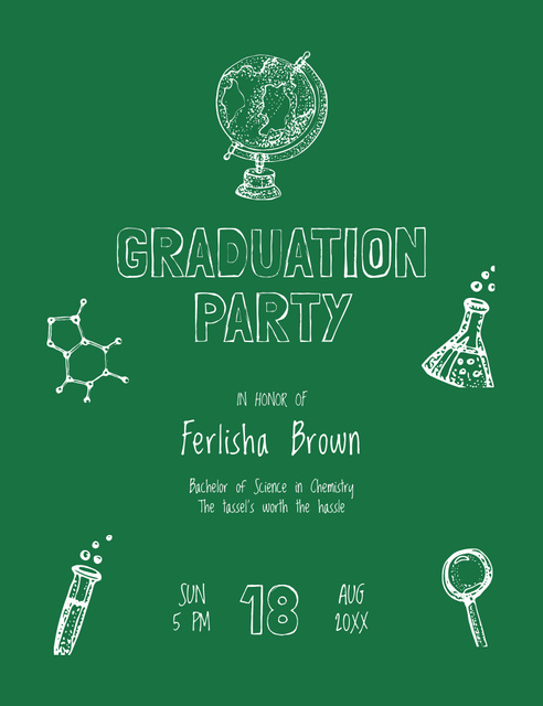 Graduation Party Announcement with Science Icons on Green Invitation 13.9x10.7cm Design Template
