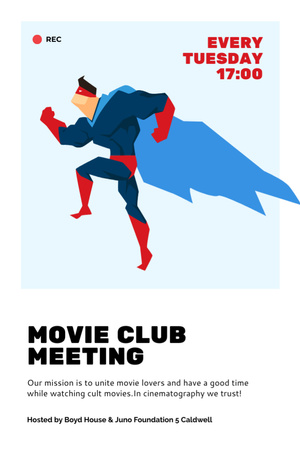 Movie Club Meeting Man in Superhero Costume Flyer 4x6in Design Template