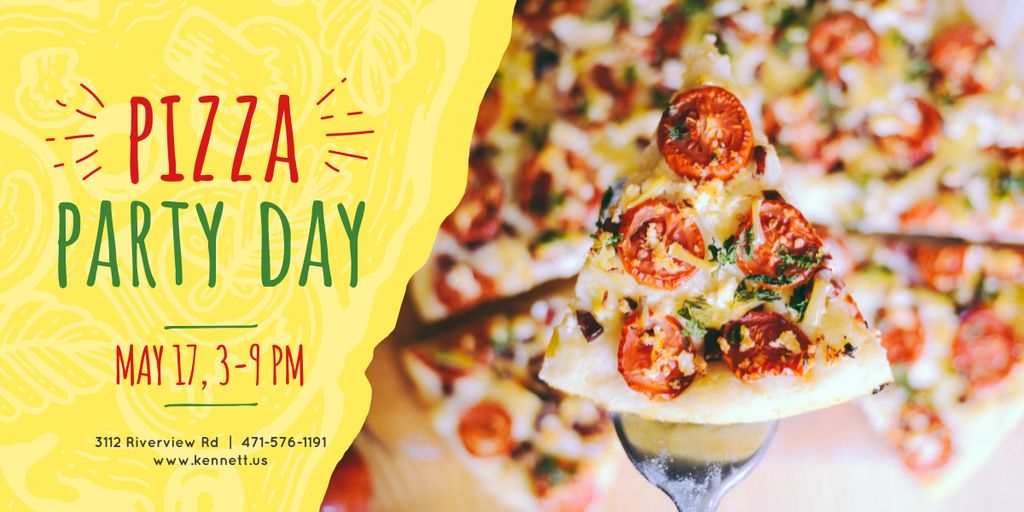 Announcement of Pizza Party with tasty piece Image Design Template