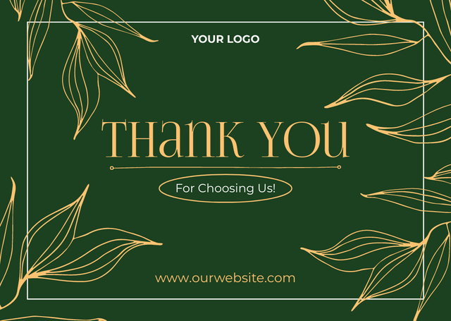 Thank You Message with Golden Leaves on Green Card Design Template