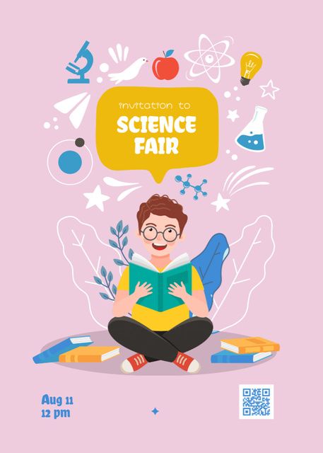 Science Fair Announcement with Student reading Book Invitation Πρότυπο σχεδίασης