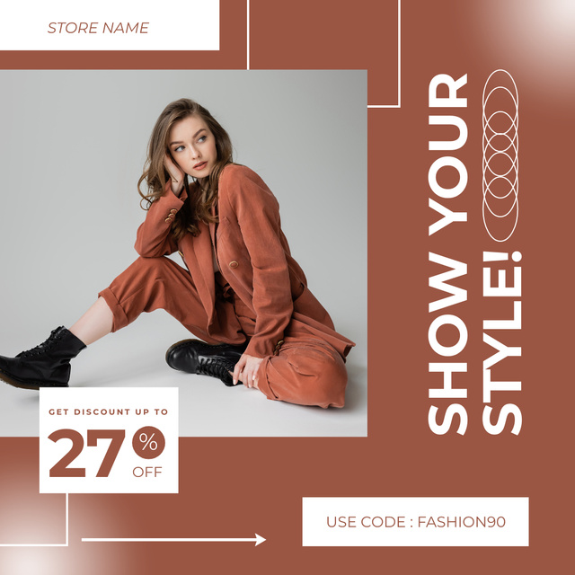 Fashion Ad with Woman in Brown Outfit and Boots Instagramデザインテンプレート