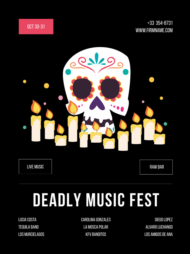 Music Festival on Halloween Announcement With Candles And Skull Poster US Tasarım Şablonu