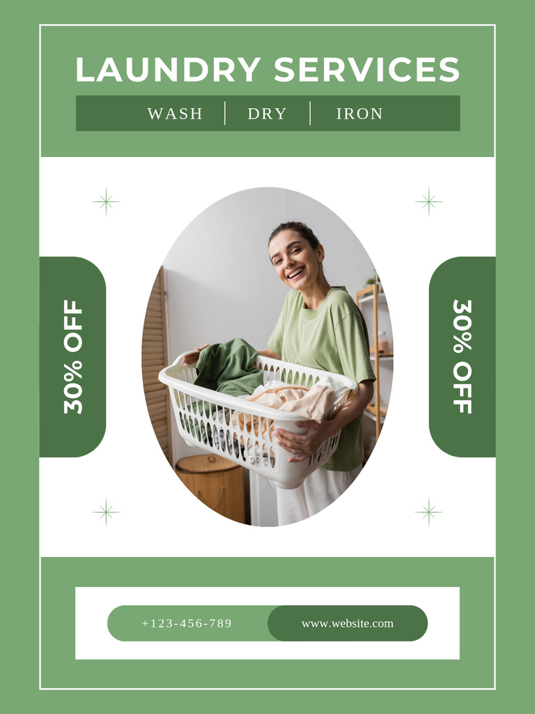 Offer Discounts on Laundry Service with Smiling Young Woman Poster USデザインテンプレート