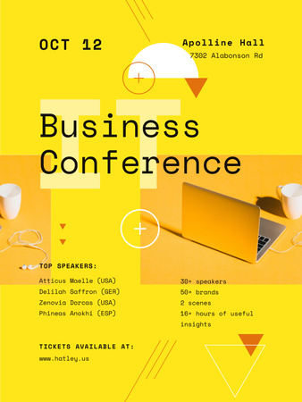 Business Conference Announcement with Laptop in Yellow Poster US Tasarım Şablonu