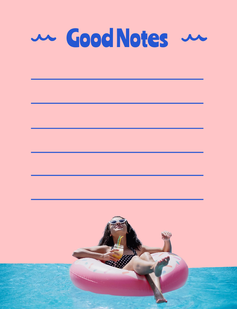 Plantilla de diseño de Young Woman Floating on Inflatable Ring in Swimming Pool Notepad 107x139mm 
