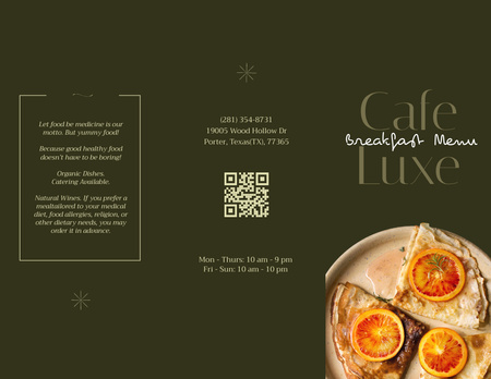 Platilla de diseño Breakfast Menu Announcement with Appetizing Pancakes Menu 11x8.5in Tri-Fold