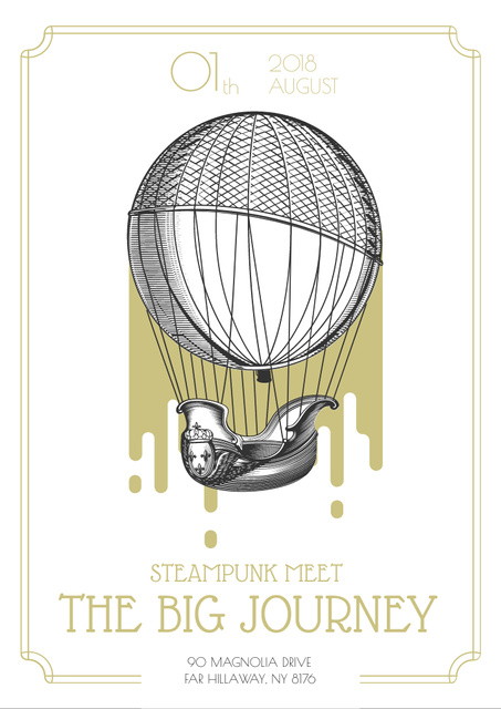 Steampunk Event with Sketch of Hot Air Balloon Flyer A4 Design Template