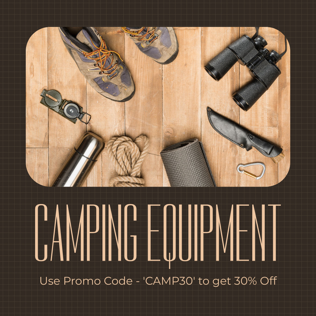 Camping Equipment Offer with Boots and Binoculars Instagram Šablona návrhu