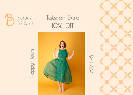 Plantilla de diseño de Clothes Shop Offer with Woman in Green Dress on Yellow Flyer A6 Horizontal 