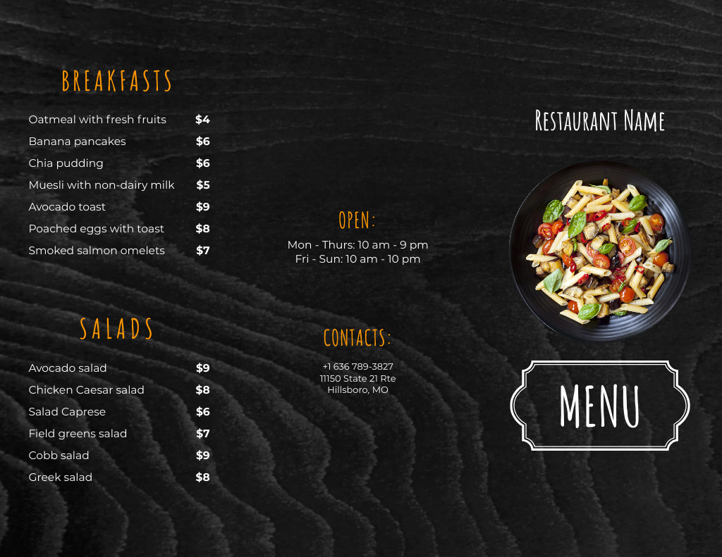 Food Menu Announcement with Salad Menu 11x8.5in Tri-Fold Design Template