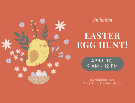 Platilla de diseño Easter Holiday Celebration Announcement with Cute Chicken Invitation 13.9x10.7cm Horizontal