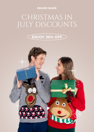Template di design July Christmas Discount Announcement with Young Couple Flayer