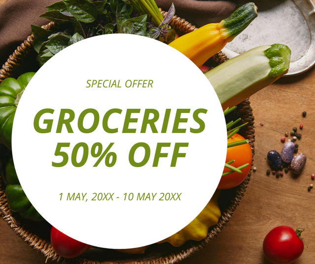 Template di design Groceries Offer With Fresh Veggies In Basket Facebook