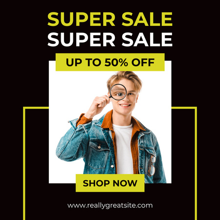 Platilla de diseño Fashion Clothes Sale with Guy with Magnifying Glass Instagram