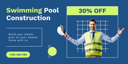 Swimming Pool Construction Services With Discounts Offer In Blue Twitter Design Template