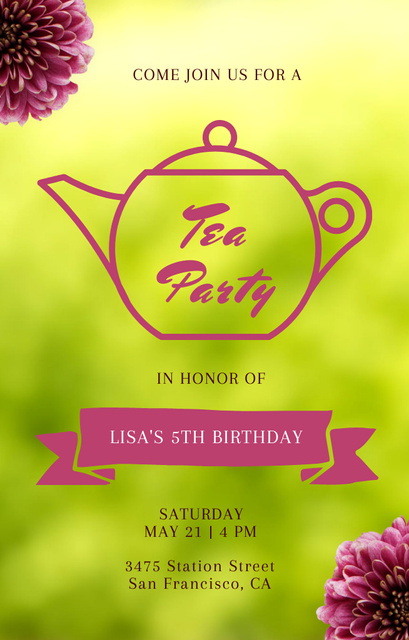 Announcement Of Birthday Tea Party Event With Flowers In Green Invitation 4.6x7.2in tervezősablon