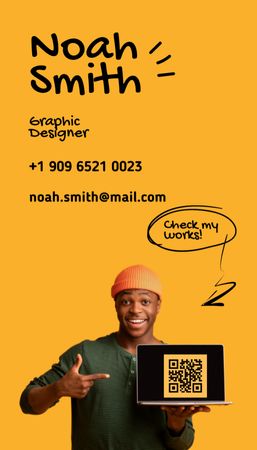 Szablon projektu Oferta usług projektanta graficznego z czarnym mężczyzną na żółto Business Card US Vertical