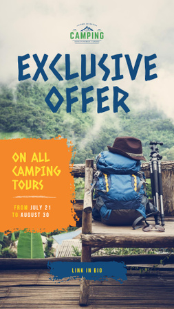 Ontwerpsjabloon van Instagram Story van Camping Tour Offer Backpack in Scenic Mountains