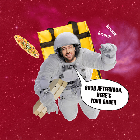 Funny Astronaut Delivery Man with Pizza Instagram Design Template