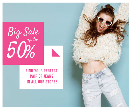 Jeans Sale Jumping Girl in Sunglasses Facebook Design Template