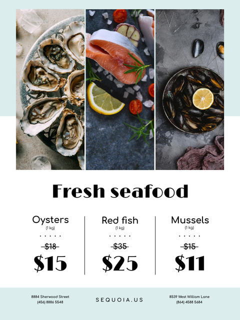 Designvorlage Fresh Seafood Offer with Salmon and Mollusks für Poster US