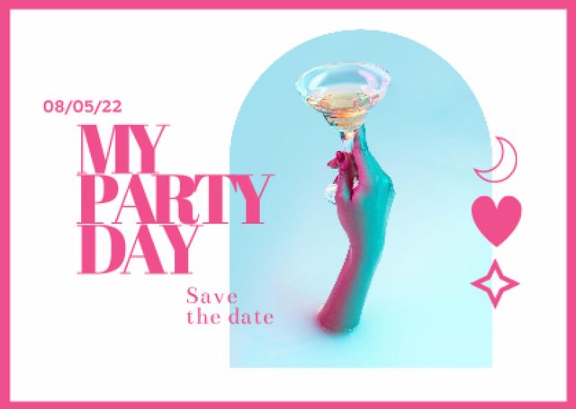 Party Announcement with Woman holding Cocktail Card Design Template