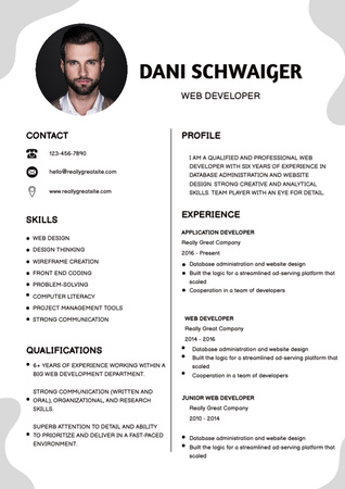 Skills and Experience of Web Developer on White Resume Design Template