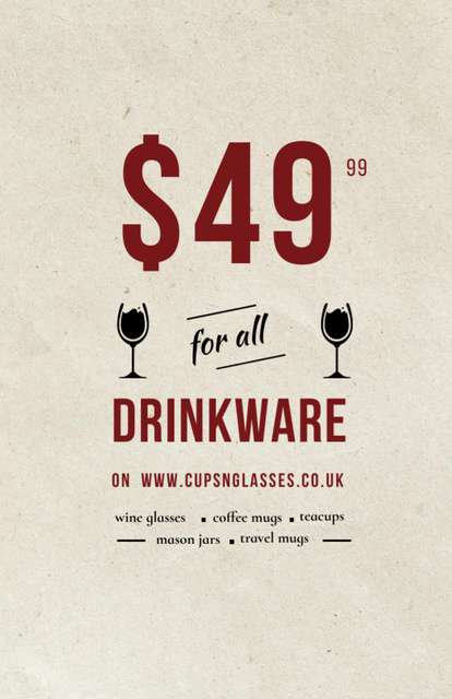 Drinkware Sale Ad with Red Wine in Wineglass Flyer 5.5x8.5in Design Template