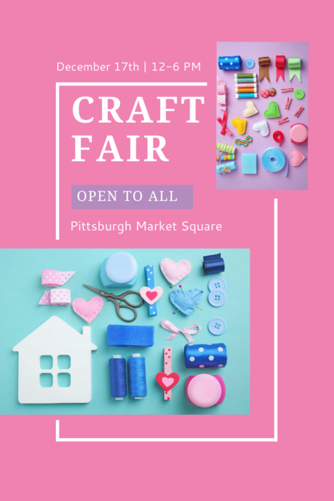 Lovely Craft Fair Announcement with Needlework Tools In Pink Flyer 4x6in Šablona návrhu