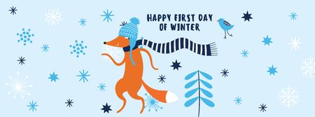 Plantilla de diseño de First Winter Day Greeting with Cute Fox Facebook cover 