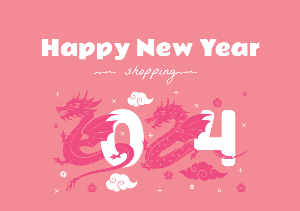 Plantilla de diseño de New Year Greeting With Dragons Postcard A5 