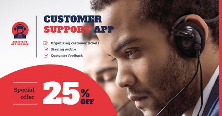 Customers Support Team Working in Headsets Facebook AD Modelo de Design