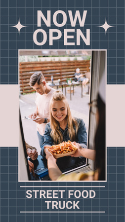 Plantilla de diseño de Anuncio de apertura de camión de comida callejera con gente feliz Instagram Story 